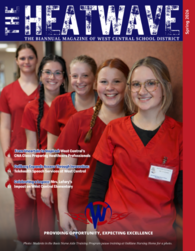 Digital cover graphic for West Central School District's Spring 2026 magazine, "The Heatwave," highlighting the district's CNA class training at Oak Lane Nursing Home, telehealth speech services, and a retirement/legacy article for Mrs. Lafary.